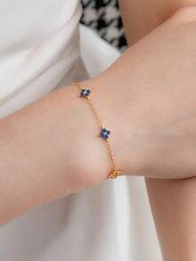 BALMORA 1pc 925 Sterling Silver Elegant Cute Blue Flower Zirconia Chain Bracelet, Suitable For Women's Daily Wear, Friendly Gatherings Or As A Gift - Gold - View 6