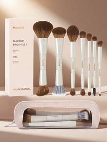 MAANGE 5/7/8/10pcs Soft Dual-Ended Multi-Functional Makeup Brush Set, Including Face Brush, Powder Brush, Blush Brush, Concealer Brush, Contour Brush, Nose Brush, Eyeshadow Brush, Detail Brush, Foundation Brush, Highlighter Brush. Made Of High-Quality Synthetic Hair, Durable For Daily Facial Makeup, Suitable For Liquid, Cream And Powder Products. Can Be Used For Stippling, Blending And Facial Cleansing. - White - View 2