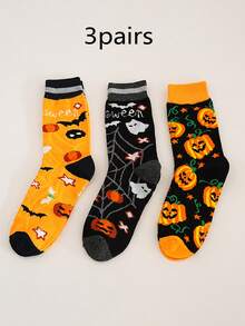 3 Pairs Halloween Pumpkin, Ghost, Spider Web Printed Mid-Calf Socks, Unisex Casual Gifts, Fall