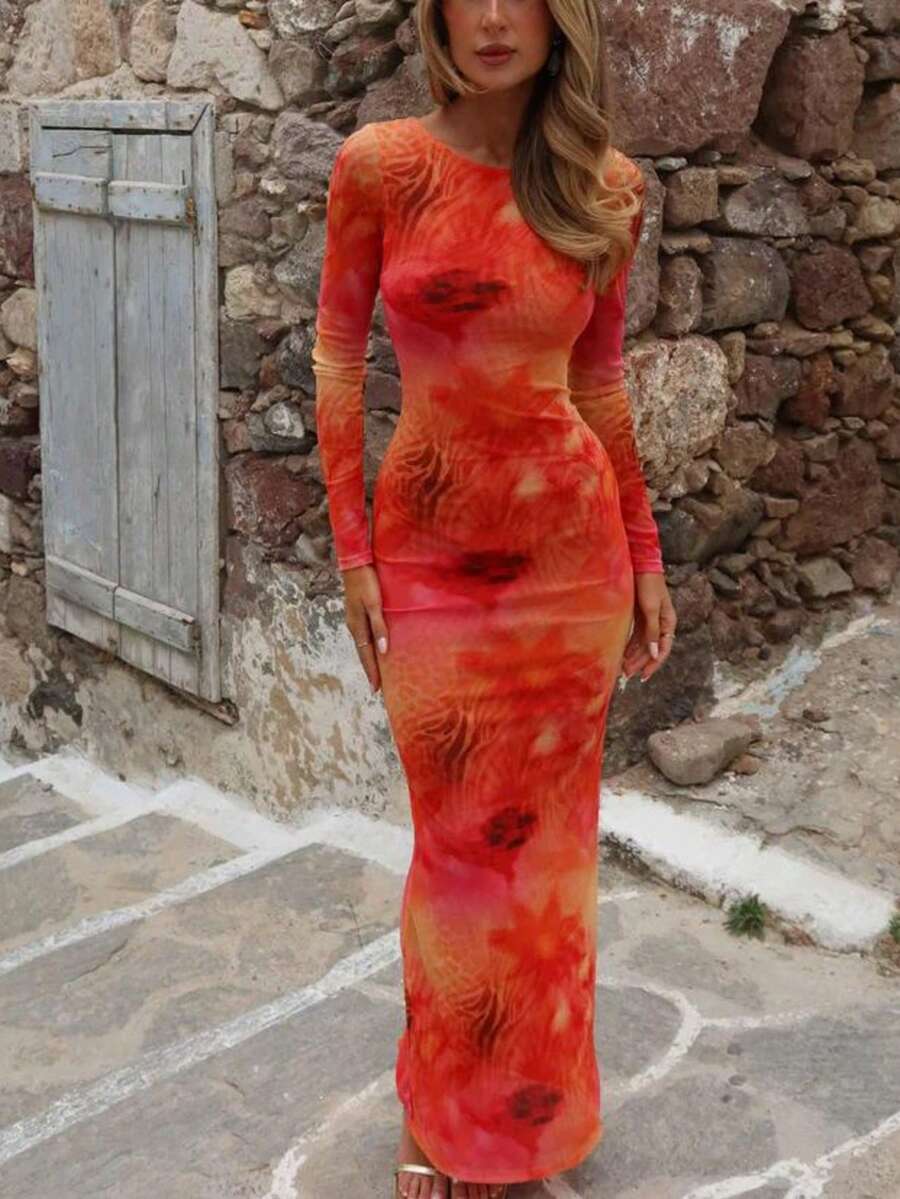 1件女士优雅时尚欧美ins风修身长袖露背性感紧身连衣裙，全身印花休闲度假沙滩春季派对 - 珊瑚橙 - 查看 1