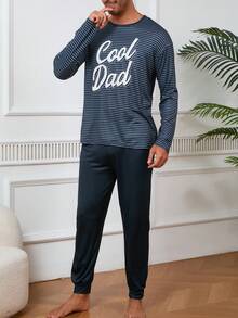 男士条纹字母印花圆领长袖上衣和纯色长裤两件套休闲家居服套装，春秋季 - 彩色 - 查看 4