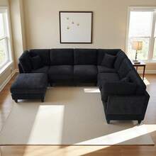 1PC, Modular Combination Sofa, L-Shaped Sofa For 7 Seats, Sectional Sofa Couches, Free Combination, Removable Modules With Wooden Legs And Upholstery, U-Shaped Sofa For Living Room And Office, Large Space, Living Room Furniture, Home Decor, Black Grey - 黑色 - 查看 8