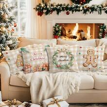 4pcs Gingerbread Man Pattern Beige Tone Cushion Cover Set, Single-Sided Printed - Multicolor - View 10