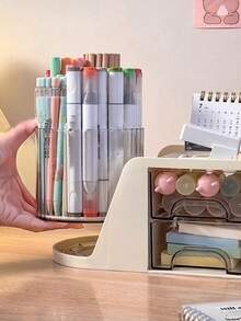 1pc Pen Storage Box, 360 Rotating Desktop Pen Container, Multifunctional Desktop Organizer, Bathroom Rack, Transparent Drawer Student Pen Rack Storage Box, Desktop Display Box, Dormitory Storage, Stationery Storage, Back-To-School Supplies. - White - View 5