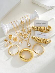 (No Box) 33/20/3pcs Simple Floral Crystal Ring, Exaggerated Bracelet Set, Layered Necklace Set With CCB Earrings, Jewelry Set For Women, Suitable For Vacation, Date, Daily, Casual, Party, Gift For Girlfriend, Friend - Jewelry Set - View 2