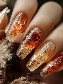 Monina 30片中长款闪亮渐变扎染亮片红色美甲贴纸，时尚百搭，Y2K风格美甲 - 鏽棕色 - 查看 1