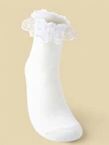 1/4 Pairs/Set Women's Trim & Lace Pattern Plain White Color Comfortable Crew Ruffle Socks, Fall - White - View 9