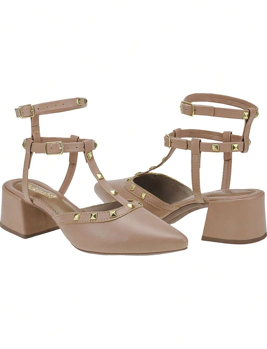 Women's Pumps Block Heel Shekinah Strap Studs Spike Carnation Fashion Simple Casual PVC Shiny Studded Party 2025 - 杏色 - 查看 1