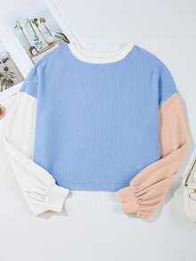Acelitt Camiseta casual holgada de cuello redondo con textura y contraste de colores para mujer talla grande, adecuada para primavera y otoño - Multicolor - Ver 4