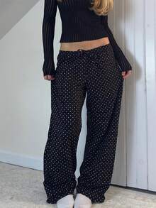 Women's Spring Summer Baggy Pants Low Waist Dot Print Loose Straight Leg Trousers - 黑色 - 查看 1
