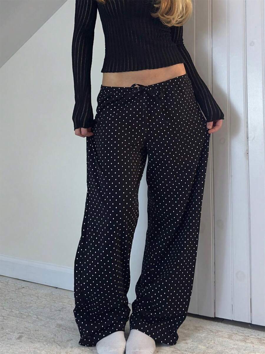 Women's Spring Summer Baggy Pants Low Waist Dot Print Loose Straight Leg Trousers - 黑色 - 查看 1