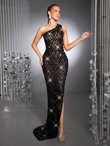 Heavy Industry Shining Handmade Nail Shining Hot Diamond Luxury Glitter Sexy Single Shoulder Slant Shoulder Sleeveless Bareback High Fork Mesh Long Elegant Dress Wedding Bridesmaid Dress Women's Formal Banquet Party Dress