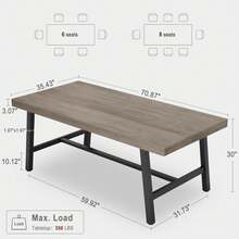 70.87 Large Long Dining Table For 6-8 People, Rustic Wood Kitchen Table With Sturdy Black Metal Legs, Industrial Rectangle Patio Table For Living Room, Kitchen, Dining Room - Grey - View 2
