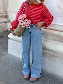 GLOpass Women's Autumn/Winter Y2K Striped Texture Casual Fashion Knit Cardigan, Striped Contrast Button Front Sweater Top