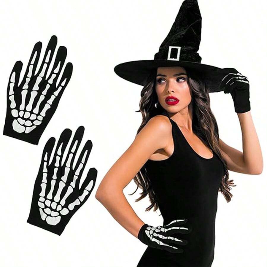 4/3/2/1 Pairs Halloween Skull Touchscreen Skeleton Gloves, Suitable For Women And Children's Halloween Party Costumes, Black Polyester Gloves - Multicolor - View 1
