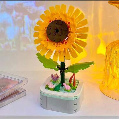 Jardinera de girasol con bloques de construcción y flores artificiales pequeñas, juguete de montaje compatible con bloques de construcción, regalo festivo, juguete y adorno decorativo.