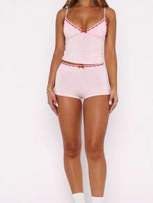 Women Sleeveless Pajamas Set 2PCS Loungewear Suits Bow Decor V-Neck Sleeveless Cami Tops And Shorts Sleepwear Outfits - Hồng - Xem 2