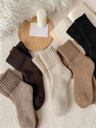 5 Pairs Women's Thick Wool Blend Socks, Super Thick Snow Socks For Autumn/Winter, Solid Color Fashion & Versatile