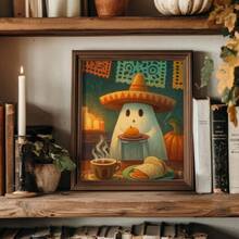 1pc Cute Ghost In Sombrero Print, Ghost Print, Unframed Ghost Halloween Wall Art, Mexican Kitchen Wall Decor, Coffee Poster, Holiday Decor, Fall Decor, Vintage Wall Painting, Artwork For Living Room, Bedroom, Cafe, Home And Room Decoration