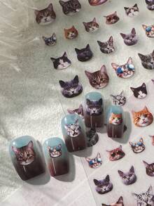 Beautizon Nailartlab 1 件可爱猫咪指甲贴纸，卡通可爱猫头表情动物贴纸自粘美甲用品，趣味美甲设计贴纸，适合女士和女孩 DIY 美甲装饰 - 彩色 - 查看 3