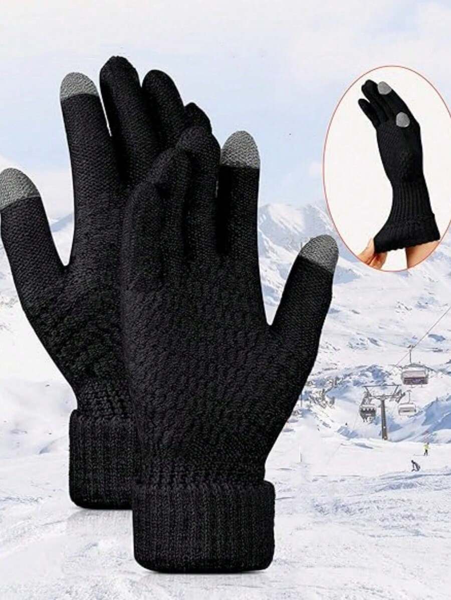 1pair Men's And Women's Autumn And Winter Pineapple Pattern Jacquard Knitted Touchscreen Gloves, Thick Cold Resistant Outdoor Cycling Warm Gloves