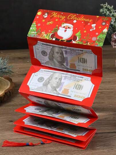 1/2 件 10 槽圣诞钱袋和礼品卡夹 - 圣诞老人节日设计，带有雪花、树木和“圣诞快乐”文字 - 红色、绿色、蓝色纸质礼品用品，可用作现金、卡片 - 非常适合圣诞节