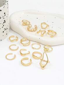 15pcs Vintage French Asymmetrical Hollow Smooth Rings, Multi-Element Lava Line Asymmetrical Stackable Ring Set For Women - Gold - View 2