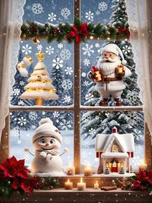 113pcs/Set 3D Christmas Static Cling Window Stickers, Includes 2 Double-Sided Christmas Stickers, White Snowflake Static Cling Glass Stickers, Reusable Santa Claus, Snowman, Snowflake, Reindeer Decorative Stickers, Suitable For Home, Shop Windows, Holiday Party Decor, Easy To Apply And Remove, Window Stickers With Double-Sided Christmas Stickers