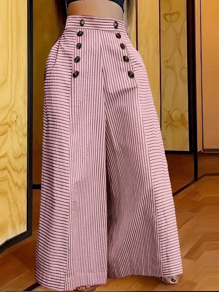 Pantalones anchos de pierna ancha con botones decorativos y estampado de rayas, de moda casual para mujer - Rosa - Ver 1