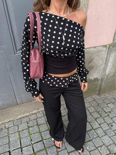 مجموعة قميص وبنطلون للنساء بنقشة نقاط كاجوال أنيقة، قميص كم طويل كتف مائل وبنطلون للارتداء اليومي
