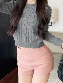 Women's Winter Sweater For Casual Outfits, Cable Knit Crew Neck Cropped Fit, Textured Knit Long Sleeve, Grey Pearl Embellished Elegant Pullover - Grey - View 1