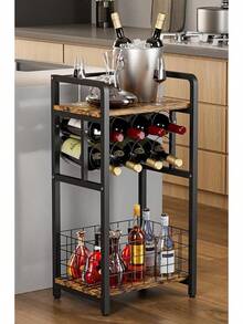 3-Tier Wine Rack Standing Floor With Wood Top, Liquor Stand With Wine Bottle Holder, Corner Wine Bar Table For Small Space, Metal Whiskey Shlef For Kitchen, Cellar, Living Room, Black - Black - View 1