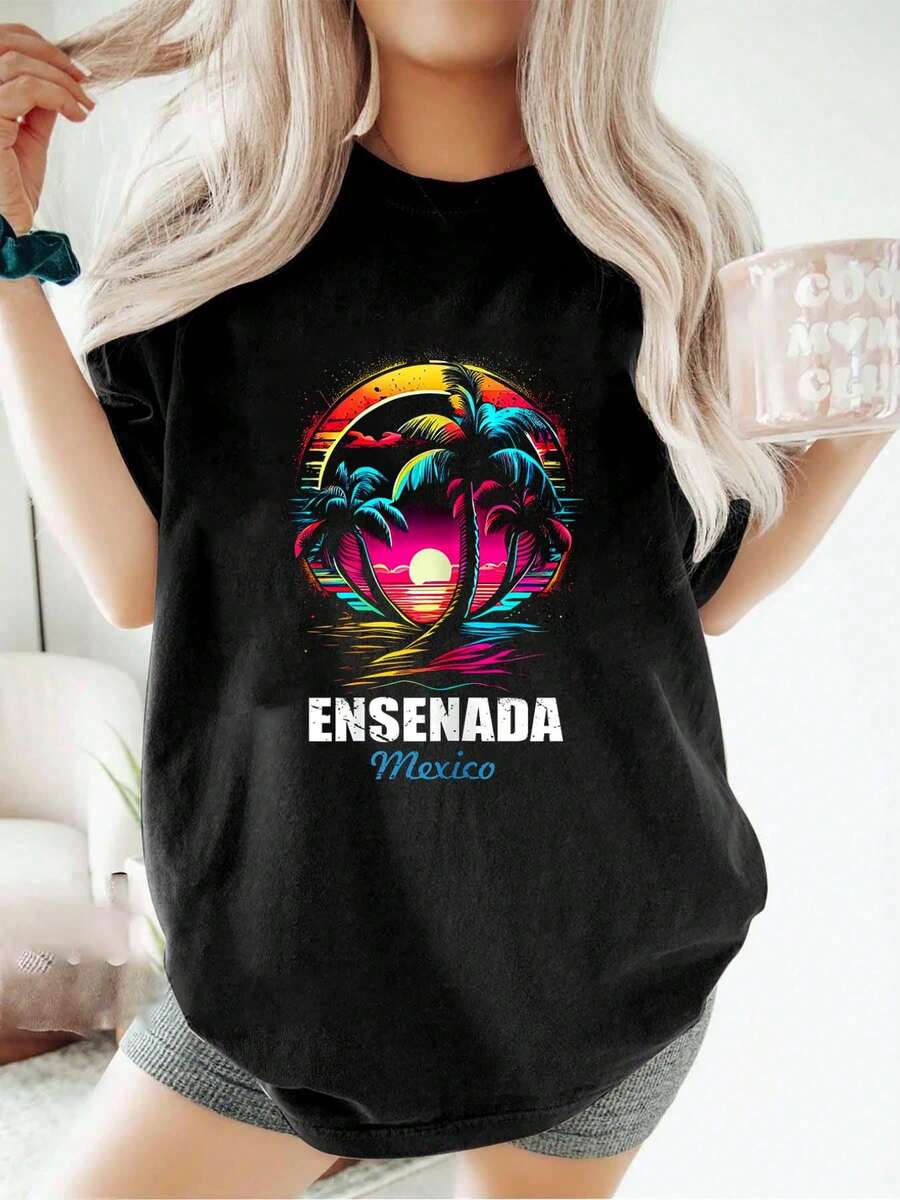 Camiseta de recuerdo de vacaciones vintage de algodón 100% retro Ensenada México puesta de sol para mujeres