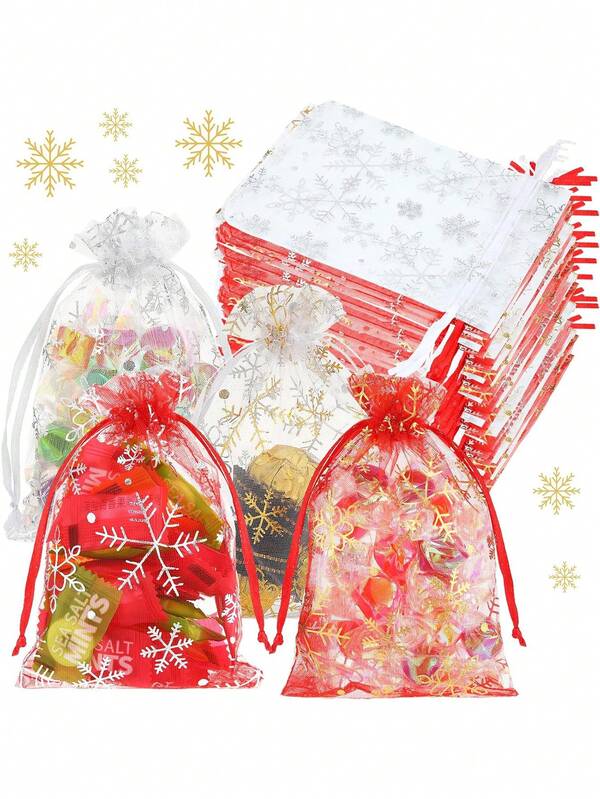 40pcs Christmas Snowflake Organza Gift Bags With Drawstring, 4 Styles, White Red Snowflake Christmas Mesh Drawstring Small Gift Bags For Xmas Holiday Wedding Festival Party Favor Supply