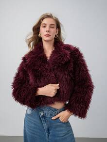 Women's New Solid Color Faux Fur Patchwork Evening Date Elegant Faux Fur Jacket - Burgundy - View 3