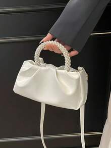 New Fashion Pearl Handbag Mini Square Bag, Shoulder & Crossbody Bag, Phone Pouch, Pearl Handbag For Wedding Party,Rookies & White-Collar Workers For Teacher Gifts/For Girl, Teen Girls For Lady For Business/Commute/Work/Office For Festivals/Vacation/Holiday For Outdoors/Outings/Travel/Hiking For Summer For Autumn And Winter For Fall Essential Fashionable Beige Canvas Retro Contrast PU Mini Handbag,Beach Bag,Holiday Essentials,Travel Bag - White - View 11