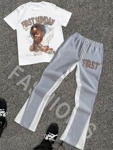 The "FIRST SUNDAY" Men's Fashion Suit Consists Of A Round-Neck T-Shirt Paired With Drawstring Sweatpants. The Overall Style Is Fashionable And Individual, Suitable For Everyday Wear. - Quần xám - áo trắng - Xem 1