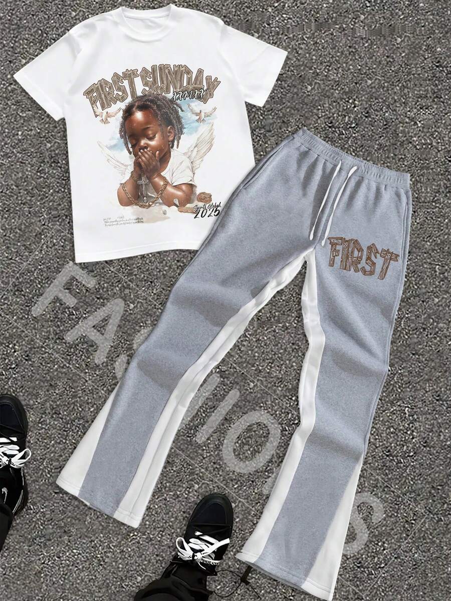 The "FIRST SUNDAY" Men's Fashion Suit Consists Of A Round-Neck T-Shirt Paired With Drawstring Sweatpants. The Overall Style Is Fashionable And Individual, Suitable For Everyday Wear. - Quần xám - áo trắng - Xem 1
