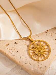 1 Stück Vintage Sonnen Totem Anhänger Halskette & Ohrringe für Frauen, Edelstahlkette Halskette für Alltag, Party, Schmuckgeschenke - Goldgelb - Übersicht 9