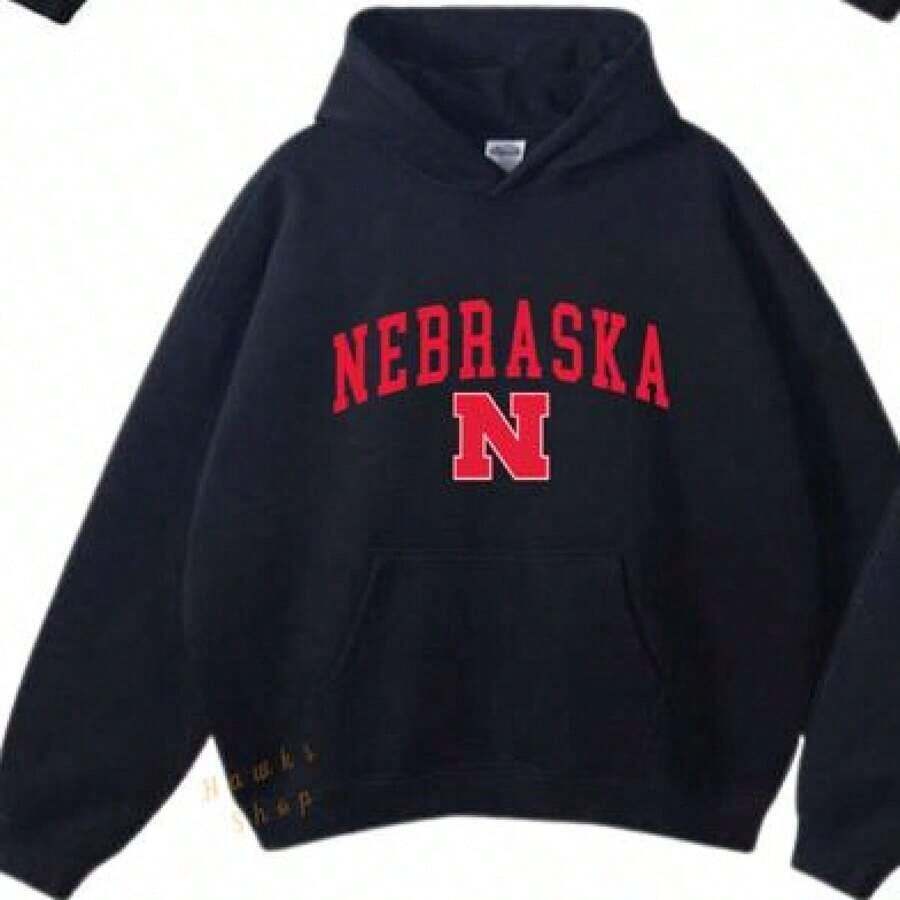 Vintage Sport Teams Collection Unisex Crewneck Black Hoodie, Graphic Team Collection Hoodie, Gift For Fans-New Arrivals For Autumn/Winter: Unisex Relaxed-Fit Cotton-Blend Long-Sleeve Hooded Sweatshirt - 內布拉斯加州 - 查看 1