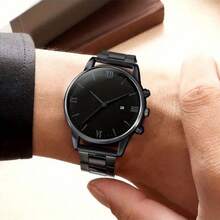 4pcs/Set Black Cross Chain Bracelet, Ring, Men's Business Formal Watch Jewelry Set, Ideal Gift (Only The Black Single Watch Will Be Delivered, The 3 Piecesaccessory Set Does Not Include The Watch)