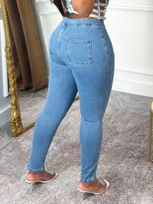 Fall Winter Stretch High Waist Skinny Jeans Women,Casual Slim Fit Denim Pants, Suitable Daily, Home, Office - 中等水洗藍 - 查看 4