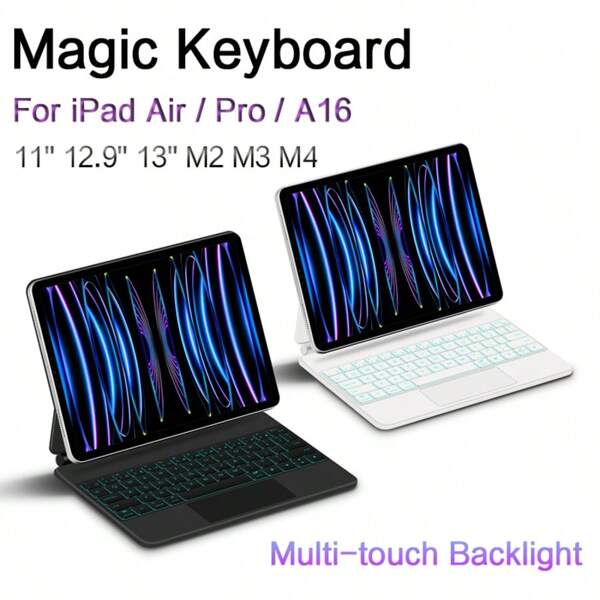 Funda de teclado compatible con iPad Pro de 11 pulgadas 2da, 3ra generación 2018-2022, 12.9" 2024-2025, Pro13/11 M4, Air 13"/11" M2 M3, 7ma, 6ta generación Air, 5ta, 4ta generación iPad 10ma, 11ma generación A16. Cubierta de teclado inalámbrica inteligente con trackpad retroiluminado, 1 pieza, color negro