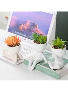 1 peça/3 peças Suculenta Artificial, Suculenta Pequena Individual em Vaso, Três Formatos para Escolher, Vaso Branco, Formato Cartoon, Material PP, Material PE, Verde, Decoração de Mesa, Decoração Doméstica, Decoração de Jardim, Escola, Dormitório, Decoração de Escritório