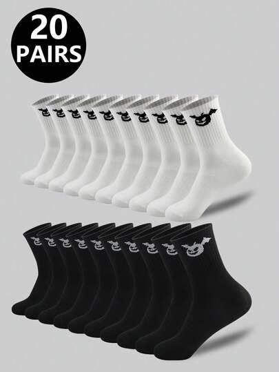 5/10/20 pares de calcetines casuales de media pantorrilla de unicolor con patrones de dibujos animados y rayas blancas y negras