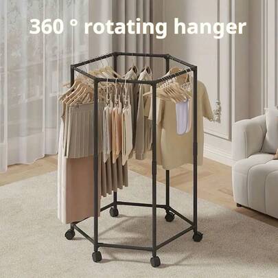 1pc 360° Rotating Floor Standing Clothes Rack, Hexagonal Swivel Garment Rack On Wheels - Sturdy Metal Frame, Portable Space-Saving Design, Suitable For Laundry Room, Boutique Display And Home Storage, Clothing Hanger, Laundry Room Accessory, Modern Aesthetics, Durable Structure