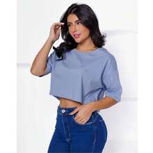 Women's Basic Cropped T-Shirt In Plain Cotton Knit - Plateado - Ver 1