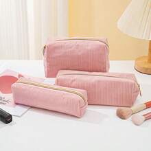 1pc Corduroy Pencil Case: Simple, Fashionable, Spacious, Suitable For Middle School Students, School Supplies - Pink - View 6