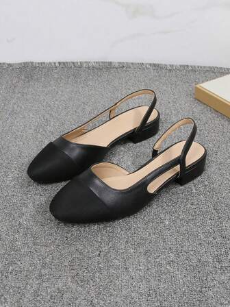 صندل نسائي مقاس كبير ذو فتحة مربعة للأصابع وحزام خلفي، أحذية فستان جلدية سهلة الارتداء، موضة كلاسيكية أنيقة بكعب واطئ/متوسط مع تصميم قصاصات ألوان متناسقة