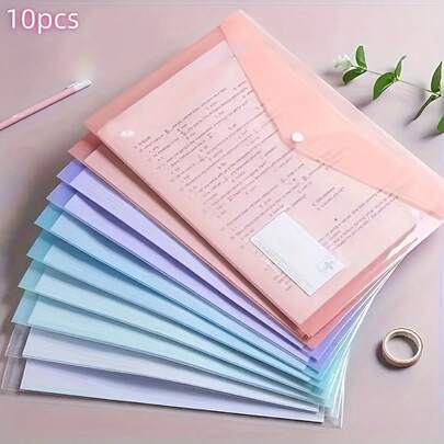 10pcs A4 Plastic File Bags, Thickened Transparent Snap Closure, Waterproof PP Material, Classic Style, Macaron Colors, Student Document Storage Pouches